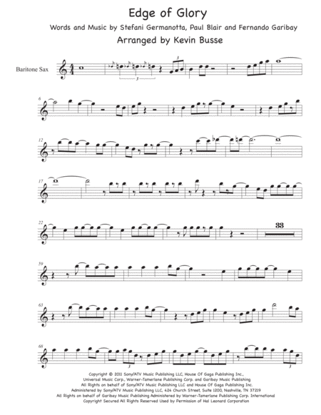 The Edge Of Glory Sax Solo Easy Key Of C Bari Sax Sheet Music