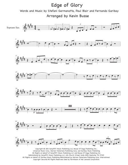 Free Sheet Music The Edge Of Glory Sax Solo Original Key Soprano Sax