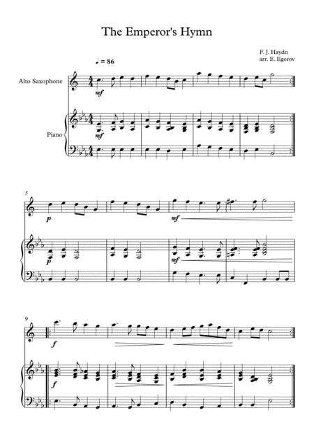 The Emperors Hymn Franz Joseph Haydn For Alto Saxophone Piano Sheet Music