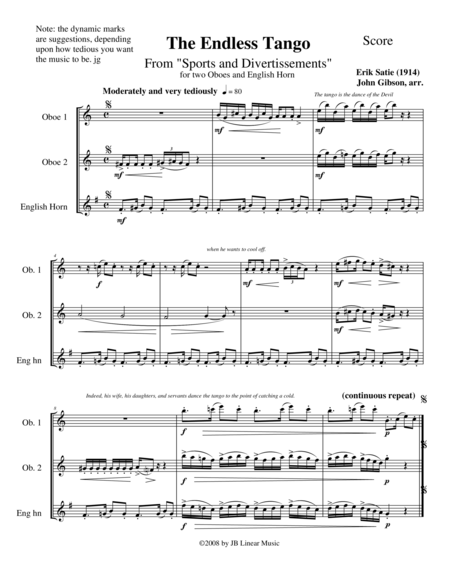 The Endless Tango By Erik Satie Set For Oboe Trio Sheet Music