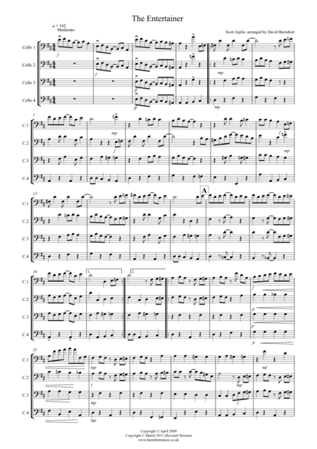 The Entertainer For Cello Quartet Sheet Music