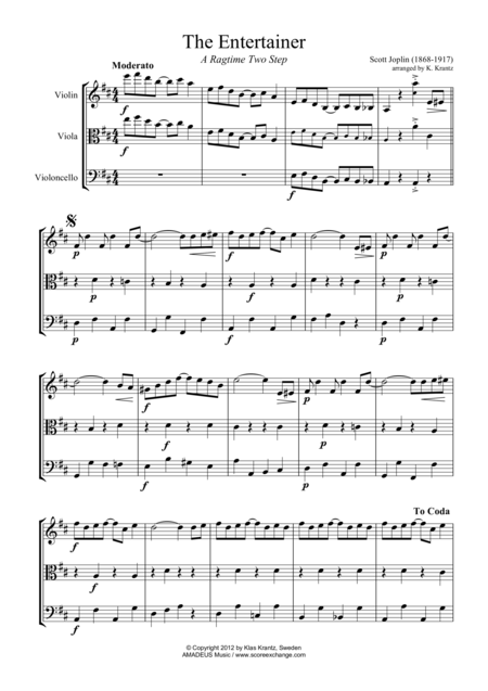 Free Sheet Music The Entertainer Ragtime Easy Abridged For String Trio