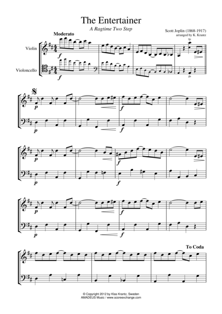 Free Sheet Music The Entertainer Ragtime Easy Abridged For Violin And Cello