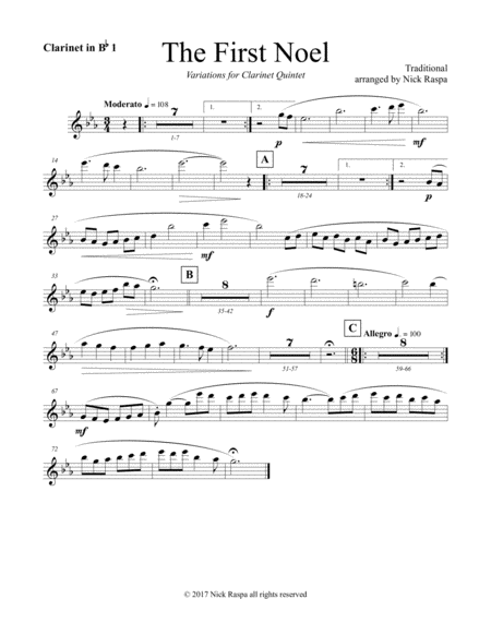 The First Noel Variations For Clarinet Quintet Bb Clarinet 1 Part Sheet Music