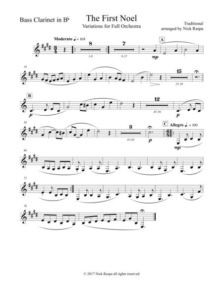 The First Noel Variations For Full Orchestra Bass Clarinet In B Flat Part Sheet Music