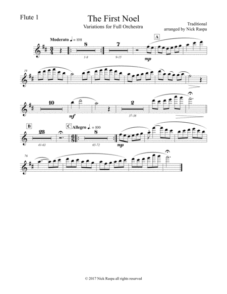 The First Noel Variations For Full Orchestra Flute 1 Part Sheet Music