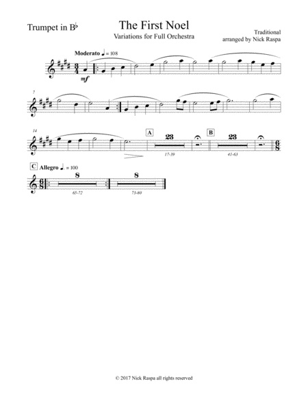 The First Noel Variations For Full Orchestra Trumpet In B Flat Part Sheet Music