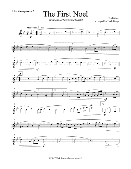 The First Noel Variations For Sax Quintet Alto Sax 2 Part Sheet Music