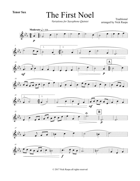 The First Noel Variations For Sax Quintet Tenor Sax Part Sheet Music