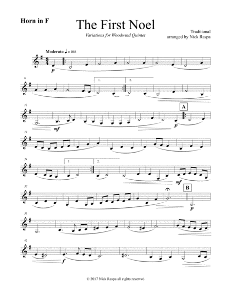 Free Sheet Music The First Noel Variations For Woodwind Quintet Horn In F Part