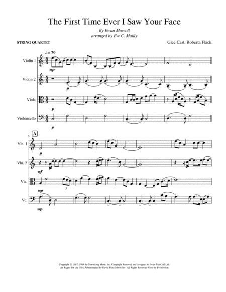 The First Time Ever I Saw Your Face String Quartet Sheet Music