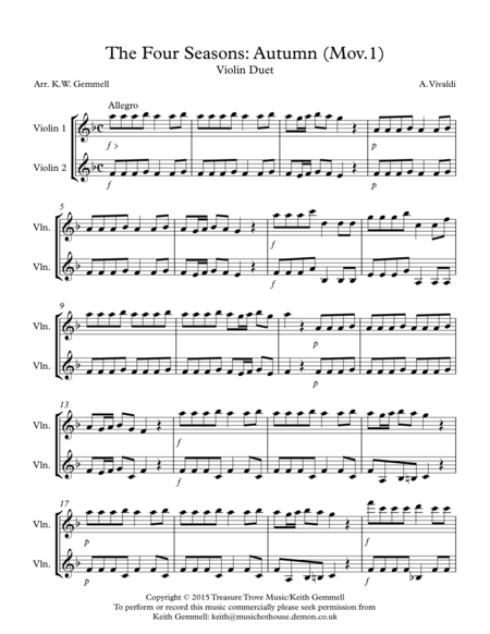 The Four Seasons Autumn Mov 1 Violin Duet Sheet Music