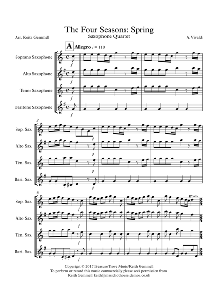 The Four Seasons Spring Saxophone Quartet Sheet Music