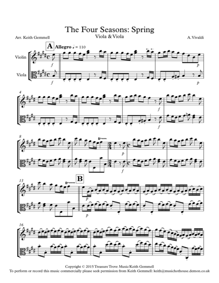 Free Sheet Music The Four Seasons Spring Violin Viola Duet