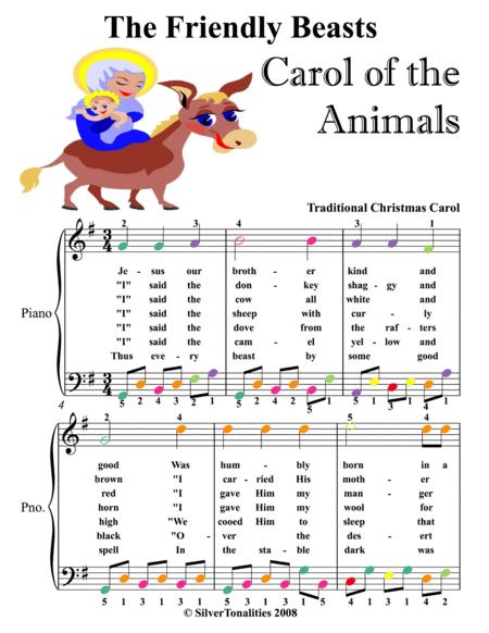 The Friendly Beasts Carol Of The Animals Easy Piano Sheet Music With Colored Notes Sheet Music