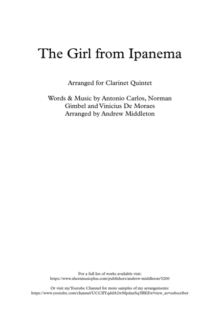 The Girl From Ipanema Arranged For Clarinet Quintet Sheet Music