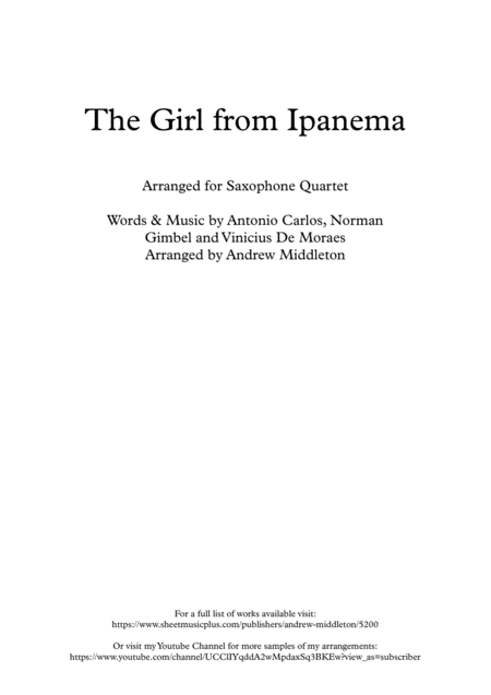 Free Sheet Music The Girl From Ipanema Arranged For Saxophone Quartet