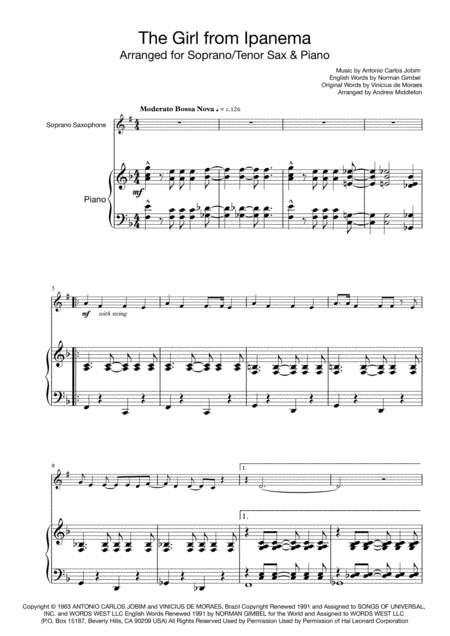 Free Sheet Music The Girl From Ipanema Arranged For Tenor Saxophone And Piano