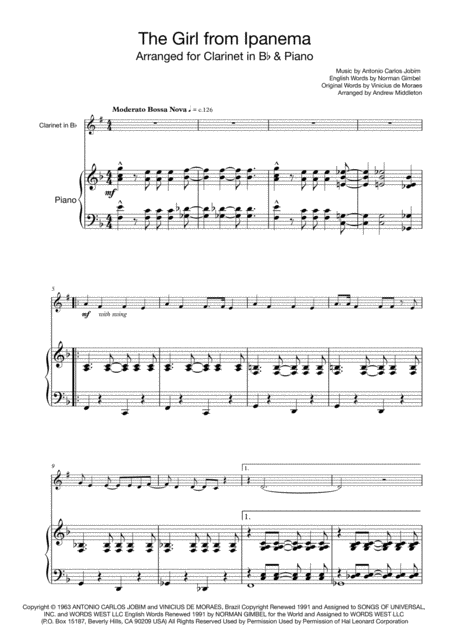 The Girl From Ipanema For Clarinet And Piano Sheet Music