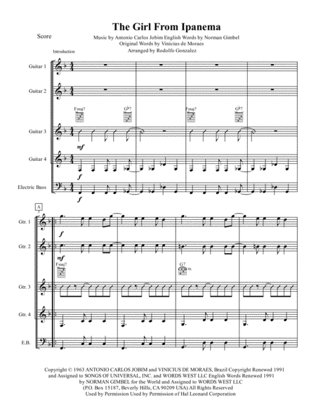 Free Sheet Music The Girl From Ipanema For Guitar Quartet