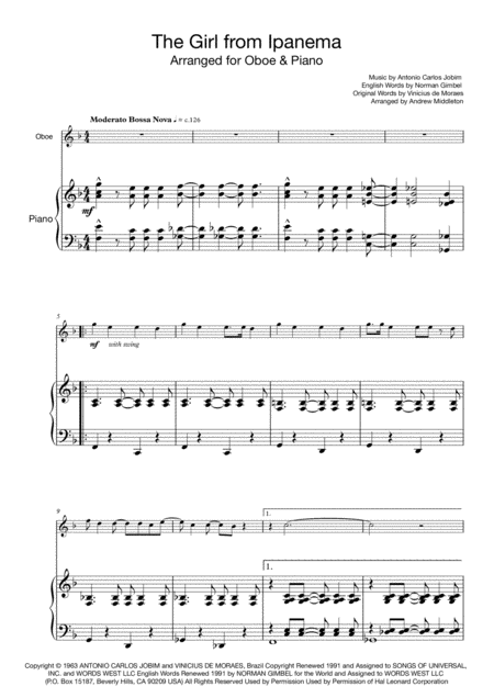 Free Sheet Music The Girl From Ipanema For Oboe And Piano