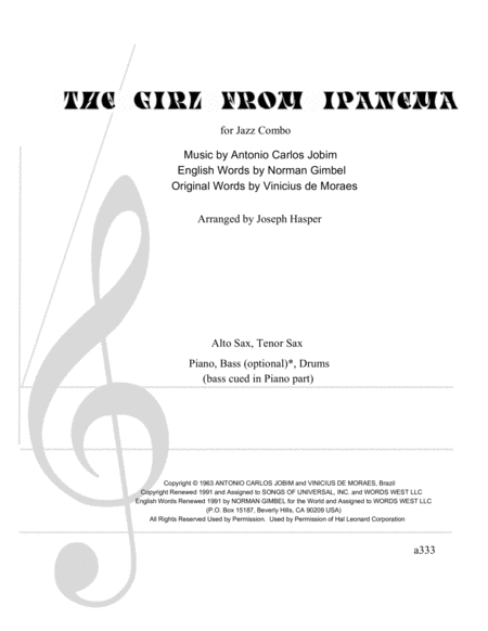 The Girl From Ipanema Jazz Combo With Alto And Tenor Sax Sheet Music