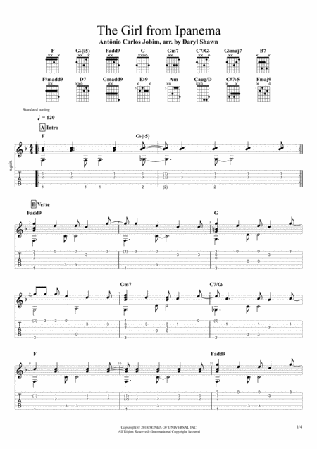 Free Sheet Music The Girl From Ipanema Jobim For Solo Fingerstyle