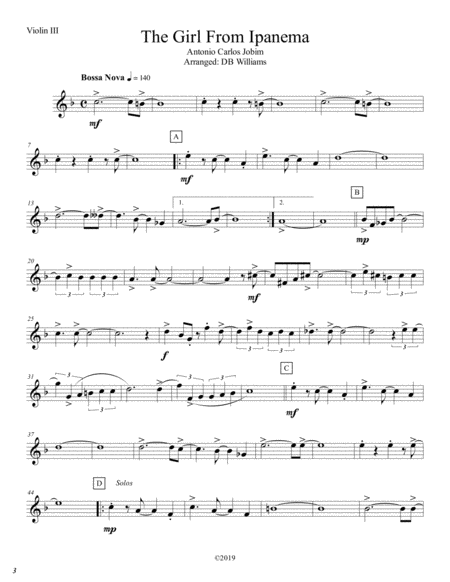 The Girl From Ipanema Violin 3 Sheet Music