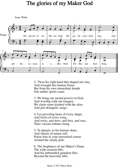 The Glories Of My Maker God A New Tune To A Wonderful Isaac Watts Hymn Sheet Music