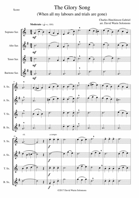 Free Sheet Music The Glory Song For Saxophone Quartet