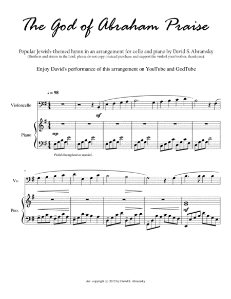 Free Sheet Music The God Of Abraham Praise Arr For Cello And Piano