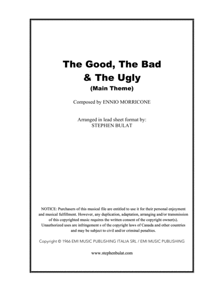 The Good The Bad And The Ugly Ennio Morricone Lead Sheet In Original Key Of Dm Sheet Music