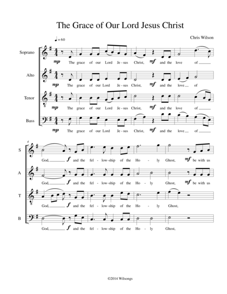 Free Sheet Music The Grace Of Our Lord Jesus Christ