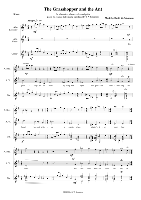 The Grasshopper And The Ant For Alto Voice Alto Recorder And Guitar Sheet Music