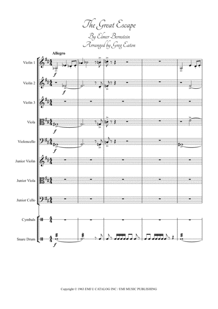 The Great Escape Arranged For Mixed Ability Strings Including Open String Plucked Parts And Optional Snare And Cymbal Sheet Music