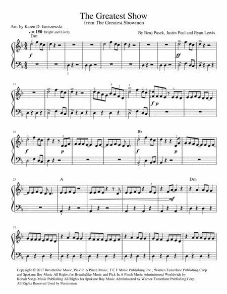 Free Sheet Music The Greatest Show Easy Piano