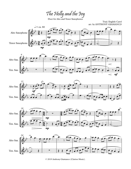 The Holly And The Ivy Duet For Alto And Tenor Saxophones Sheet Music