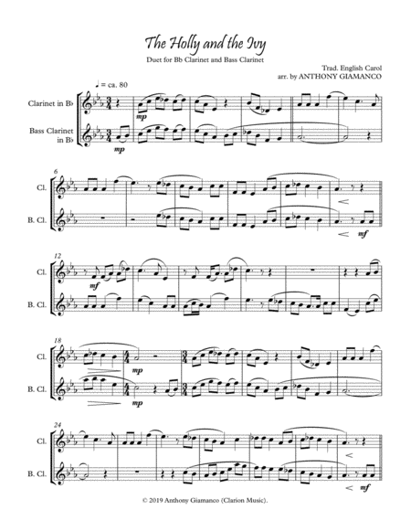 The Holly And The Ivy Duet For B Flat Clarinet And Bass Clarinet Sheet Music