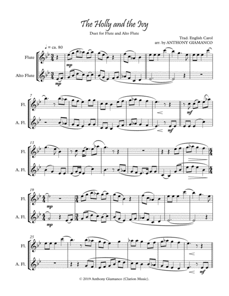 The Holly And The Ivy Duet For Flute And Alto Flute Sheet Music