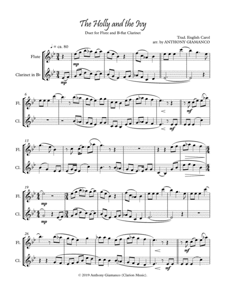 The Holly And The Ivy Duet For Flute And B Flat Clarinet Sheet Music