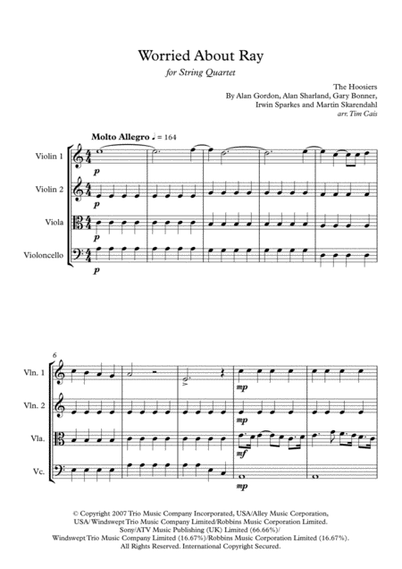 The Hoosiers Worried About Ray String Quartet Sheet Music