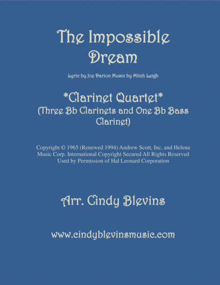 Free Sheet Music The Impossible Dream For Clarinet Quartet With Bass Clarinet