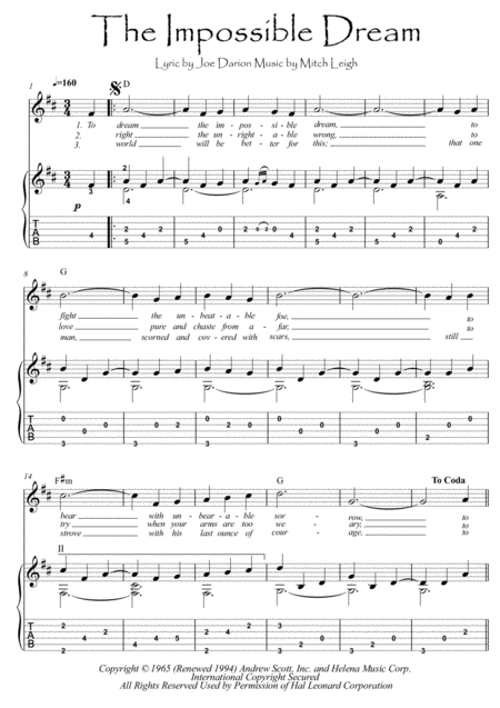 The Impossible Dream Guitar Fingerstyle Sheet Music