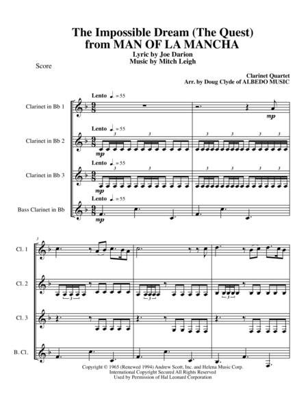 Free Sheet Music The Impossible Dream The Quest From Man Of La Mancha For Clarinet Quartet