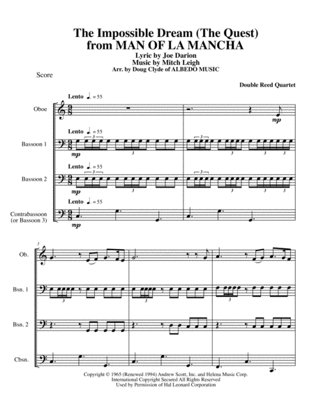 Free Sheet Music The Impossible Dream The Quest From Man Of La Mancha For Double Reed Quartet