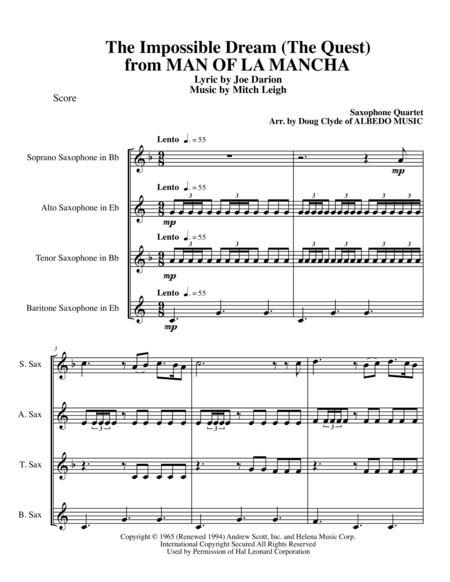 Free Sheet Music The Impossible Dream The Quest From Man Of La Mancha For Saxophone Quartet