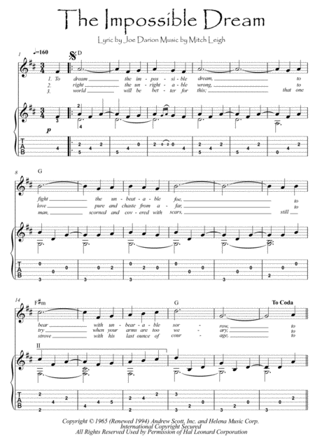 Free Sheet Music The Impossible Dream Violin Guitar Duet