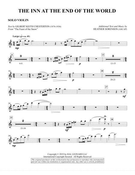 The Inn At The End Of The World Arr Heather Sorenson Solo Violin Sheet Music