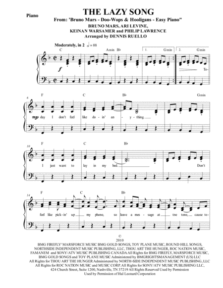 Free Sheet Music The Lazy Song By Bruno Mars Easy Piano With Clean Lyrics