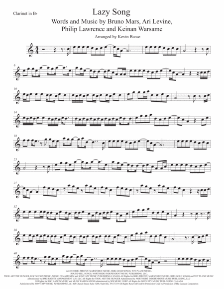 Free Sheet Music The Lazy Song Clarinet Easy Key Of C